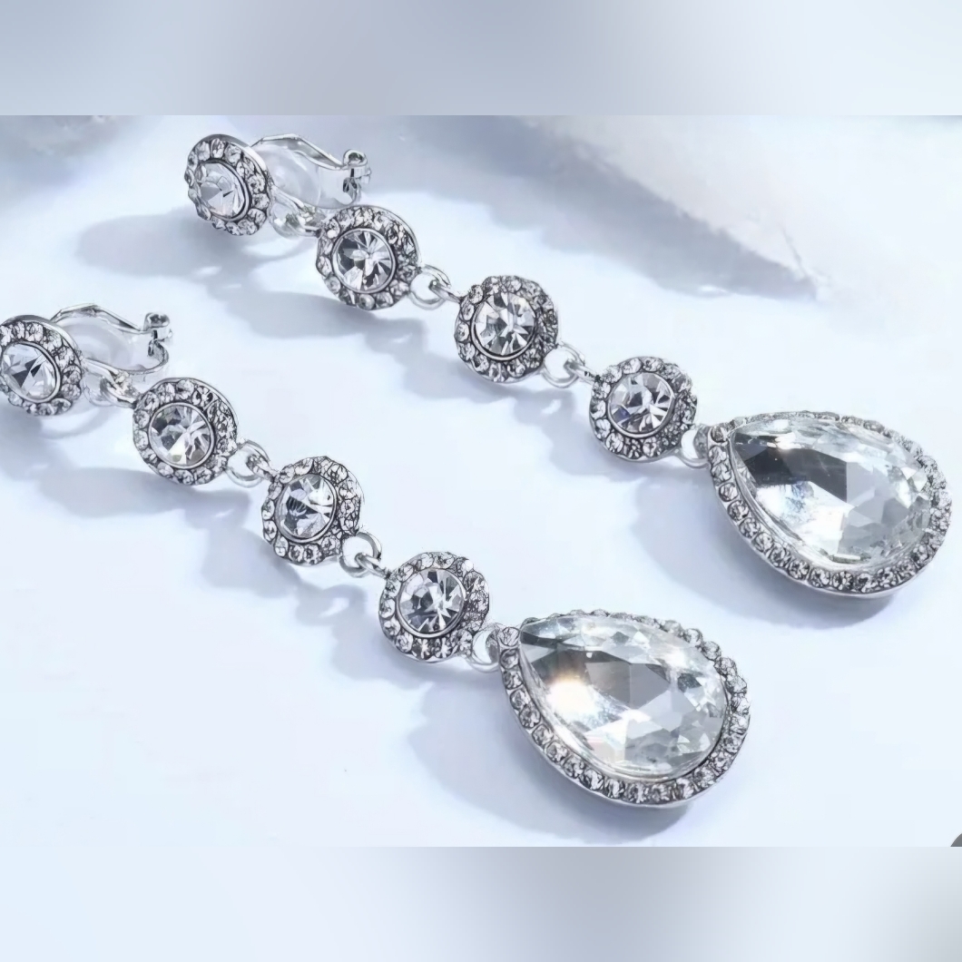Elegant Silver Crystal Clip-On Drop Earrings 16$